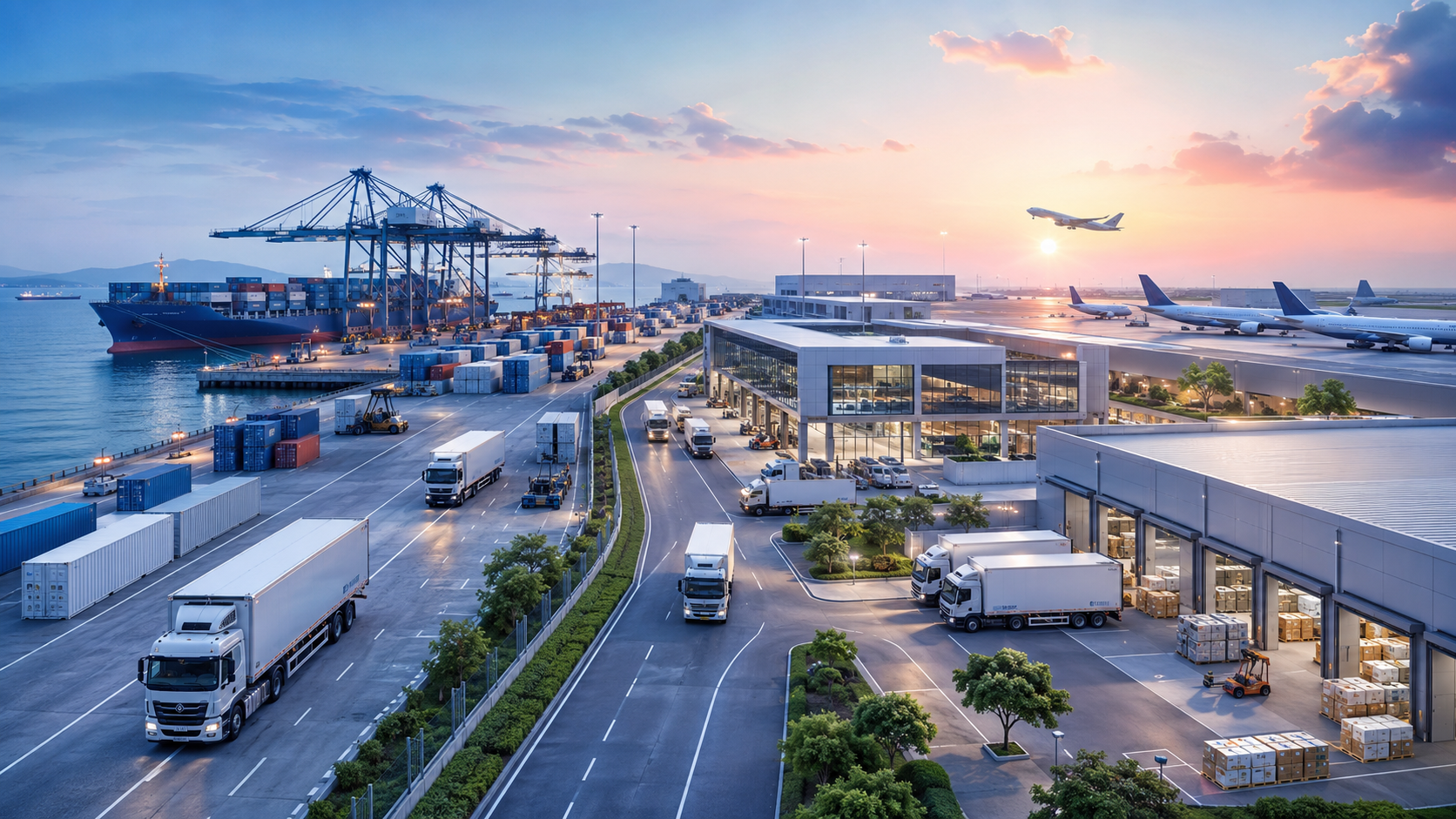 Pharmaceutical logistics export hub with seaport airport trucks and warehouses